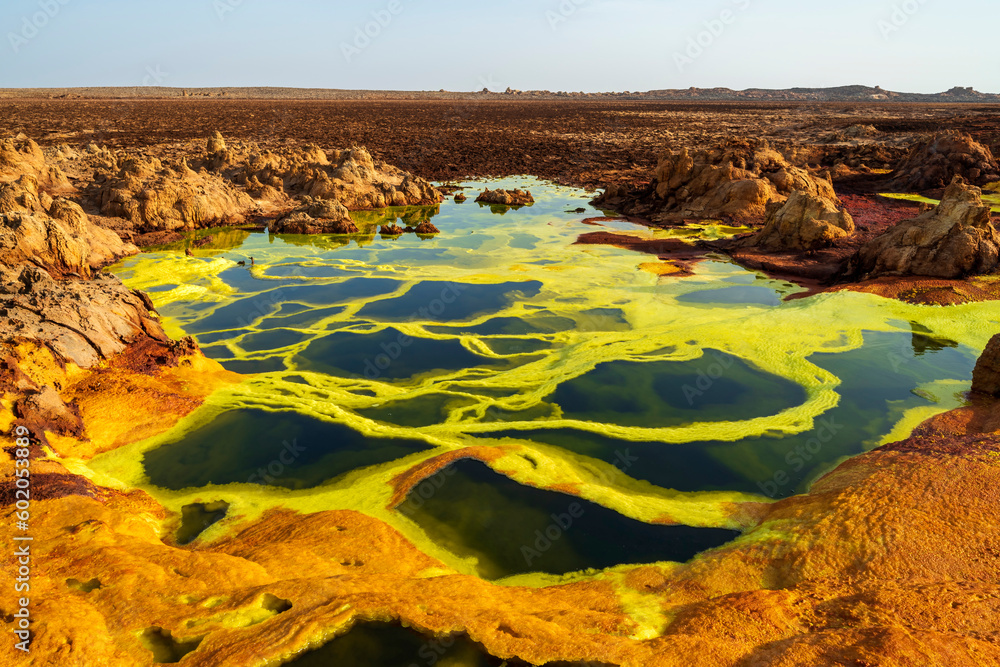 Sulfur-lined pools at Dallol with neon yellow edges and dark mineral water.
