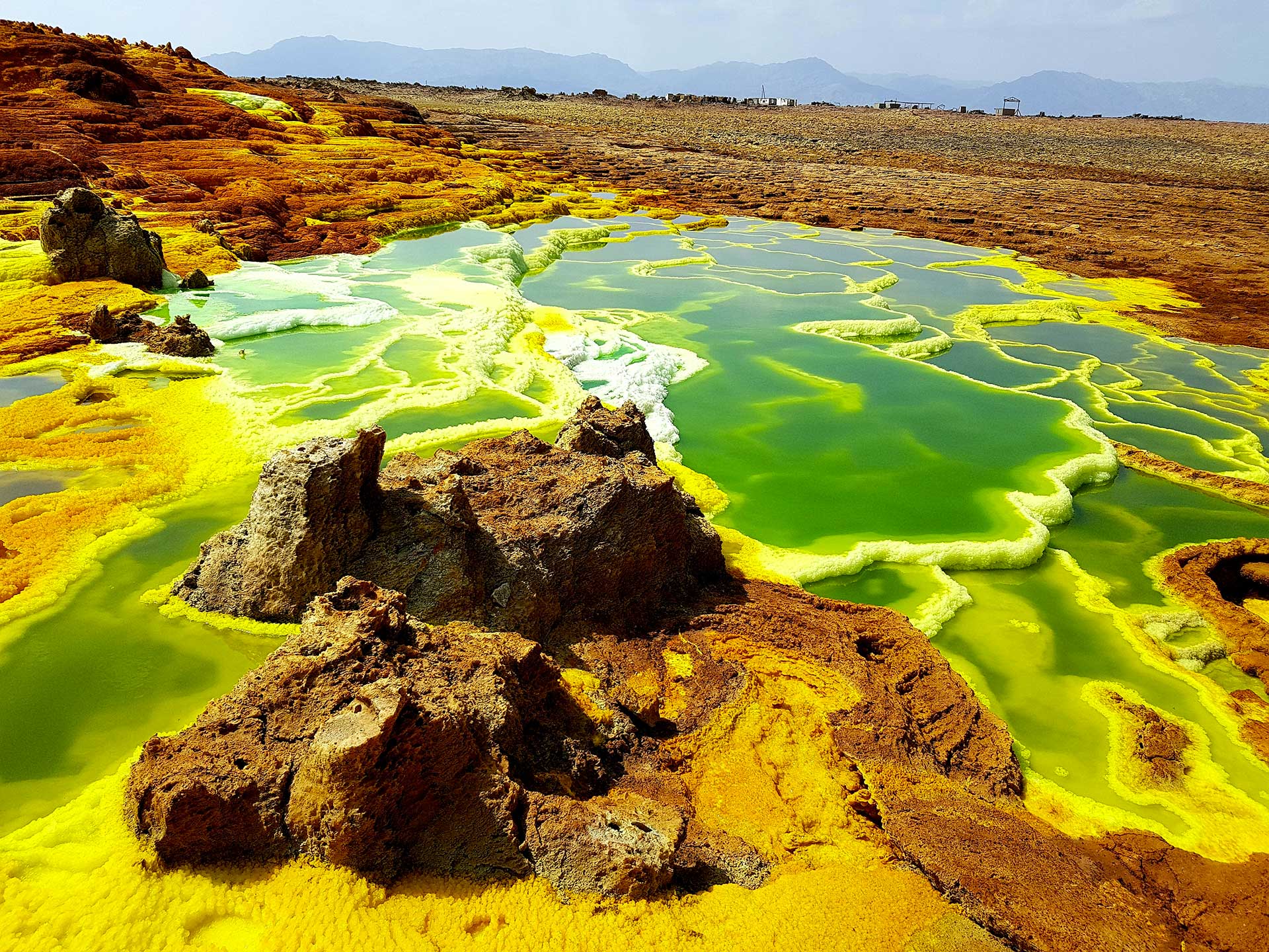 Wide landscape view of Dallol's bright green and yellow hydrothermal terraces.
