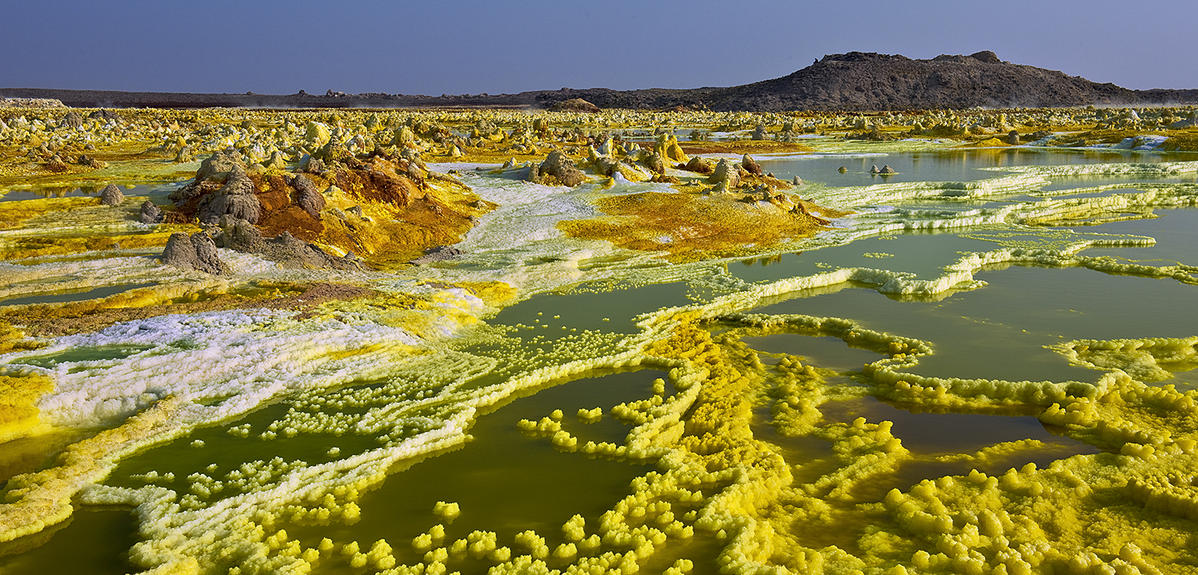 Salt and sulfur ridges around shallow hydrothermal pools at Dallol.